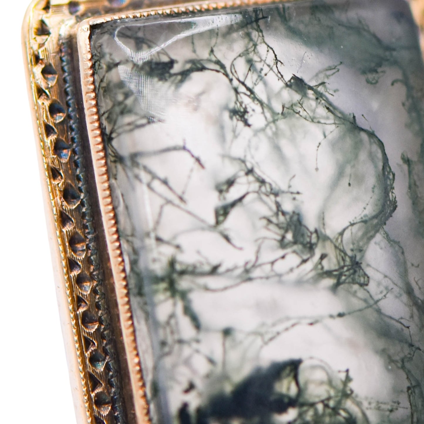 FINAL SALE: Moss Agate Rectangle Bezel Ring 14K Yellow Gold Size 4