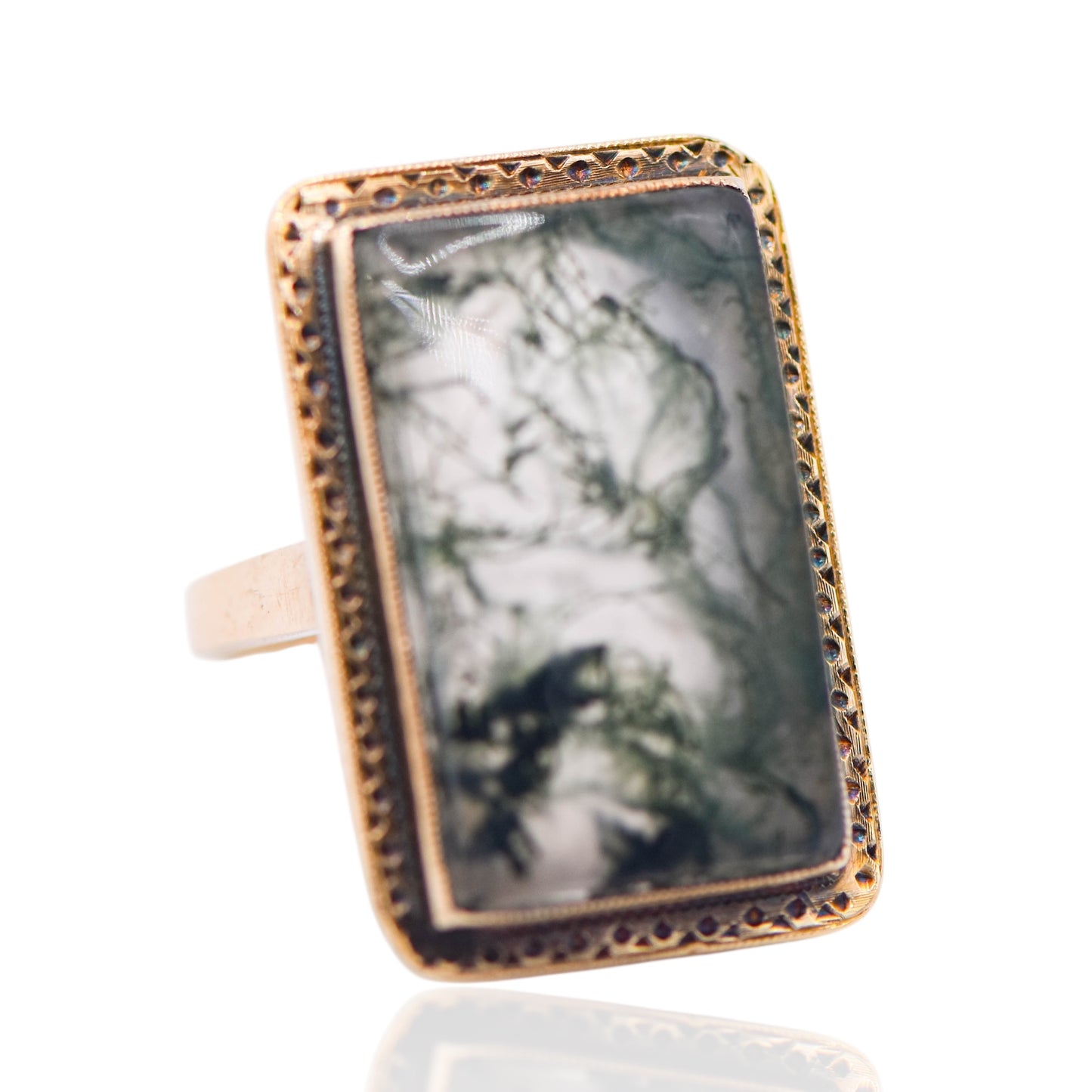 FINAL SALE: Moss Agate Rectangle Bezel Ring 14K Yellow Gold Size 4
