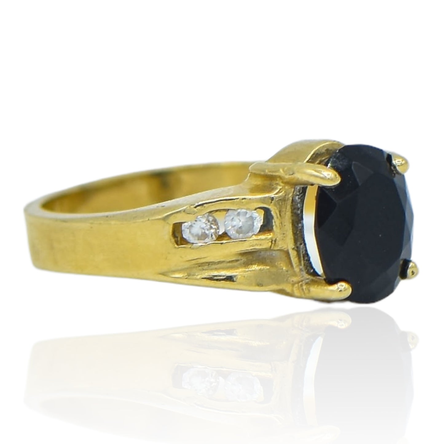 Oval Onyx and CZ Ring 14K Yellow Gold