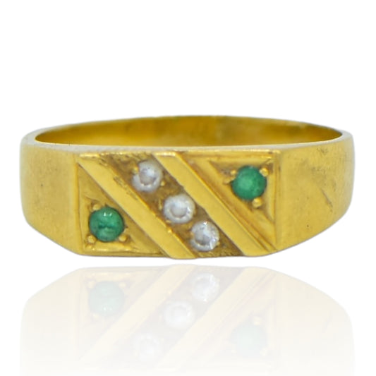 Signet Ring Emerald and CZ Ring 14K Yellow Gold