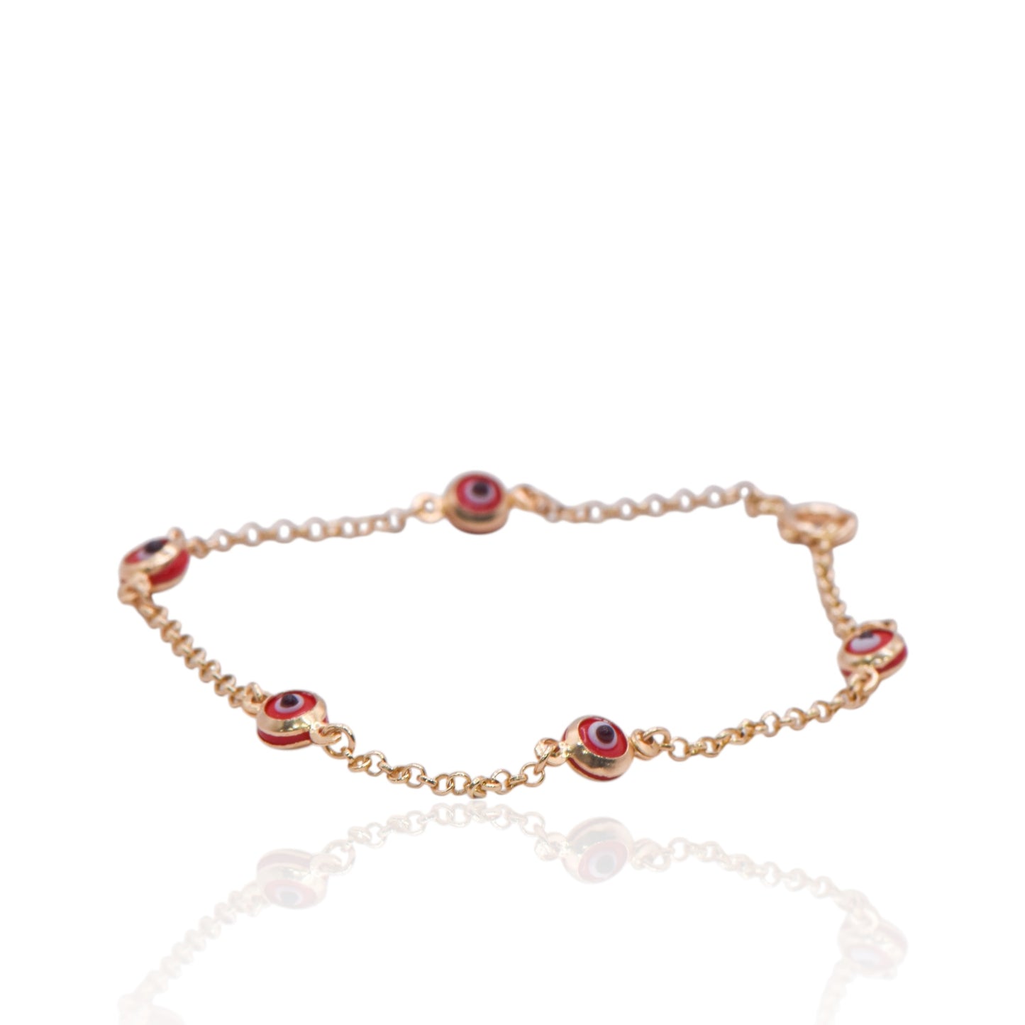 Red Evil Eye Station Bracelet 14K Yellow Gold (Child) 6in
