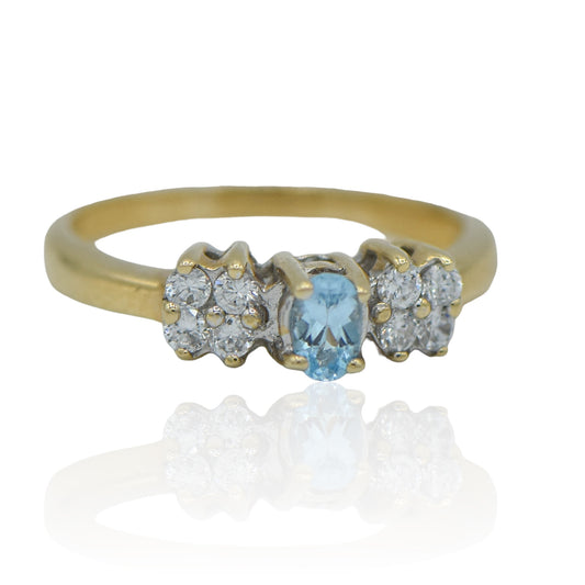 Yellow Gold 14K Ring with Blue Topaz and Cubic Zircons