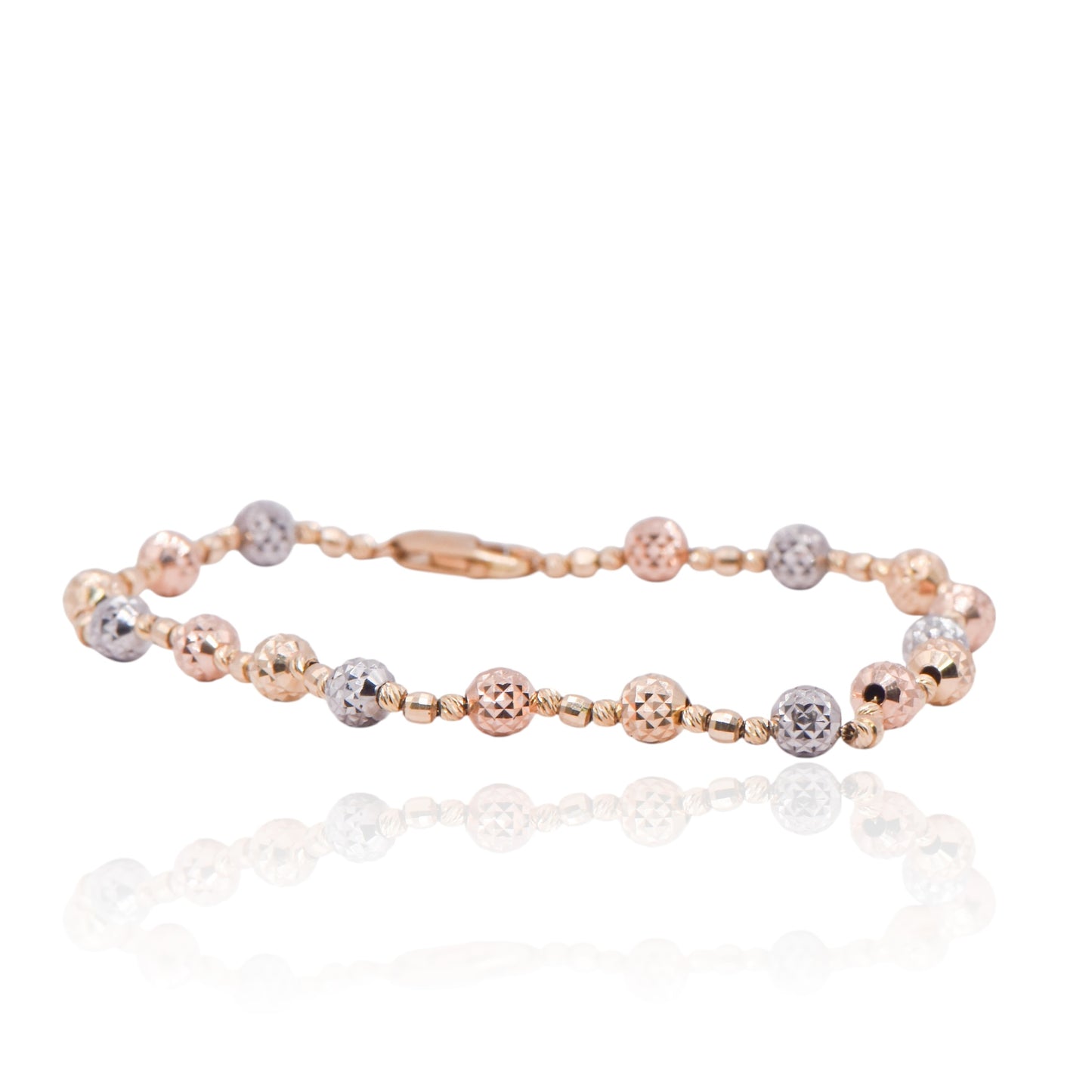 Tri-color Diamond Cut Beaded Bracelet 14K Rose Gold, White Gold, and Yellow Gold 8in