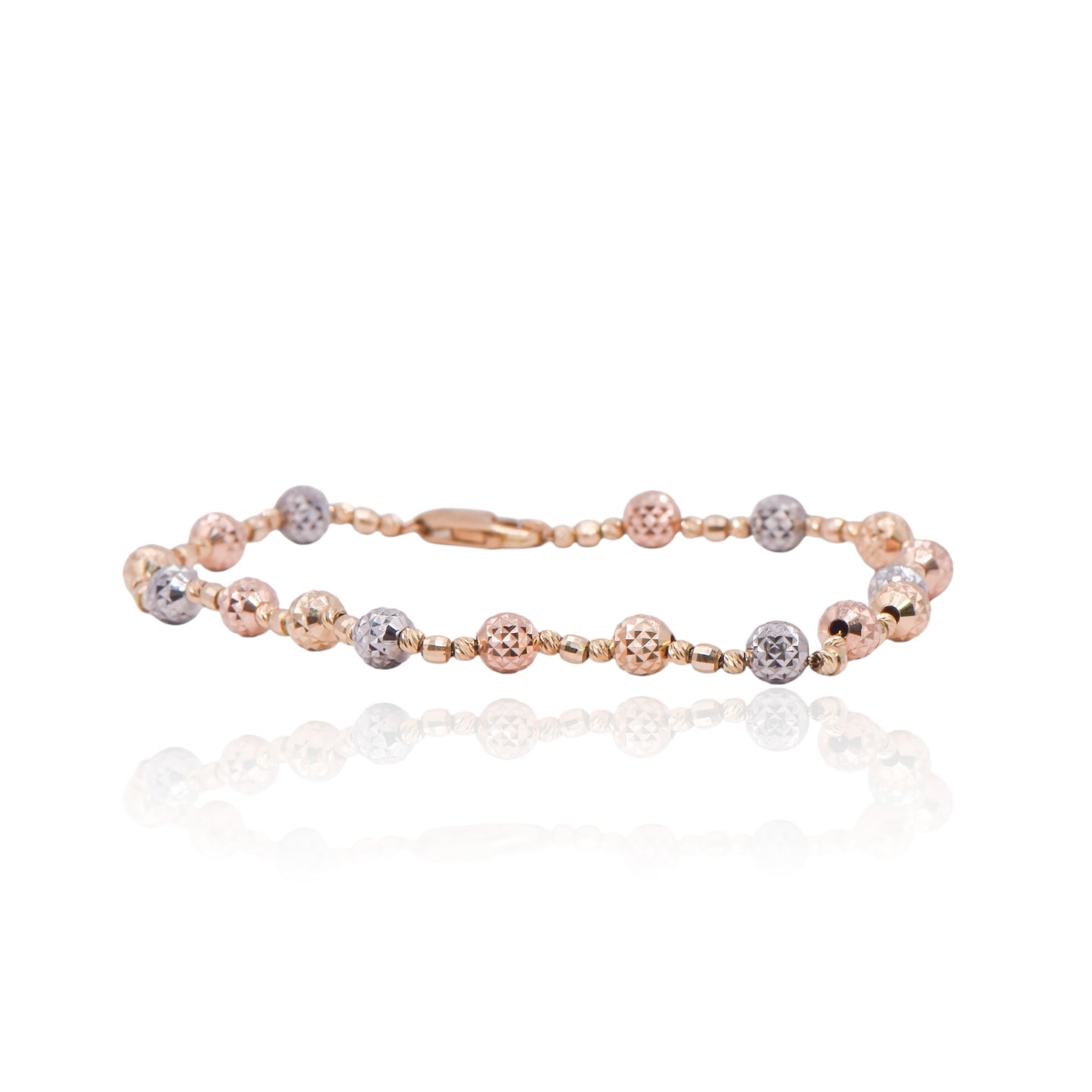 Tri-color Diamond Cut Beaded Bracelet 14K Rose Gold, White Gold, and Yellow Gold 8in
