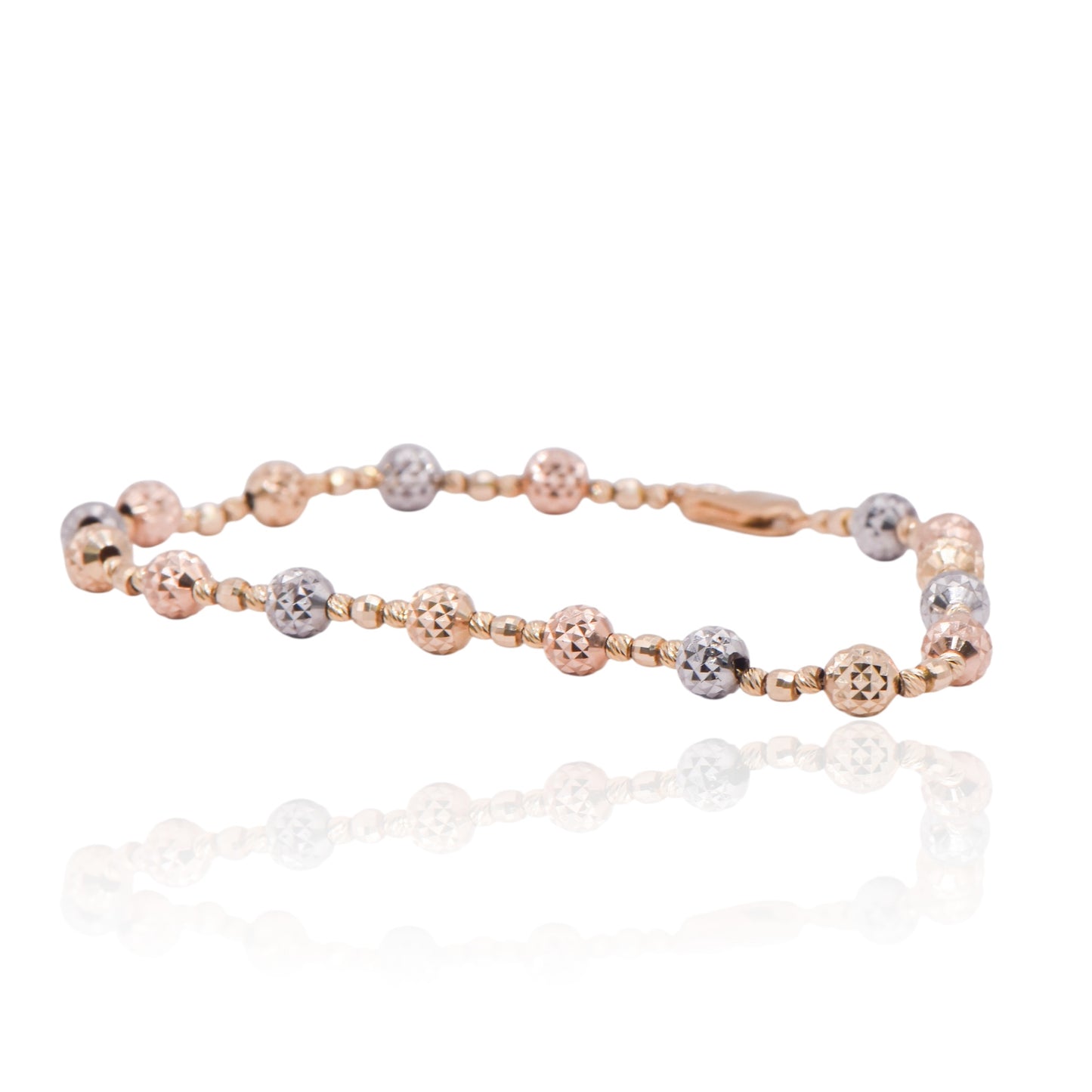 Tri-color Diamond Cut Beaded Bracelet 14K Rose Gold, White Gold, and Yellow Gold 8in