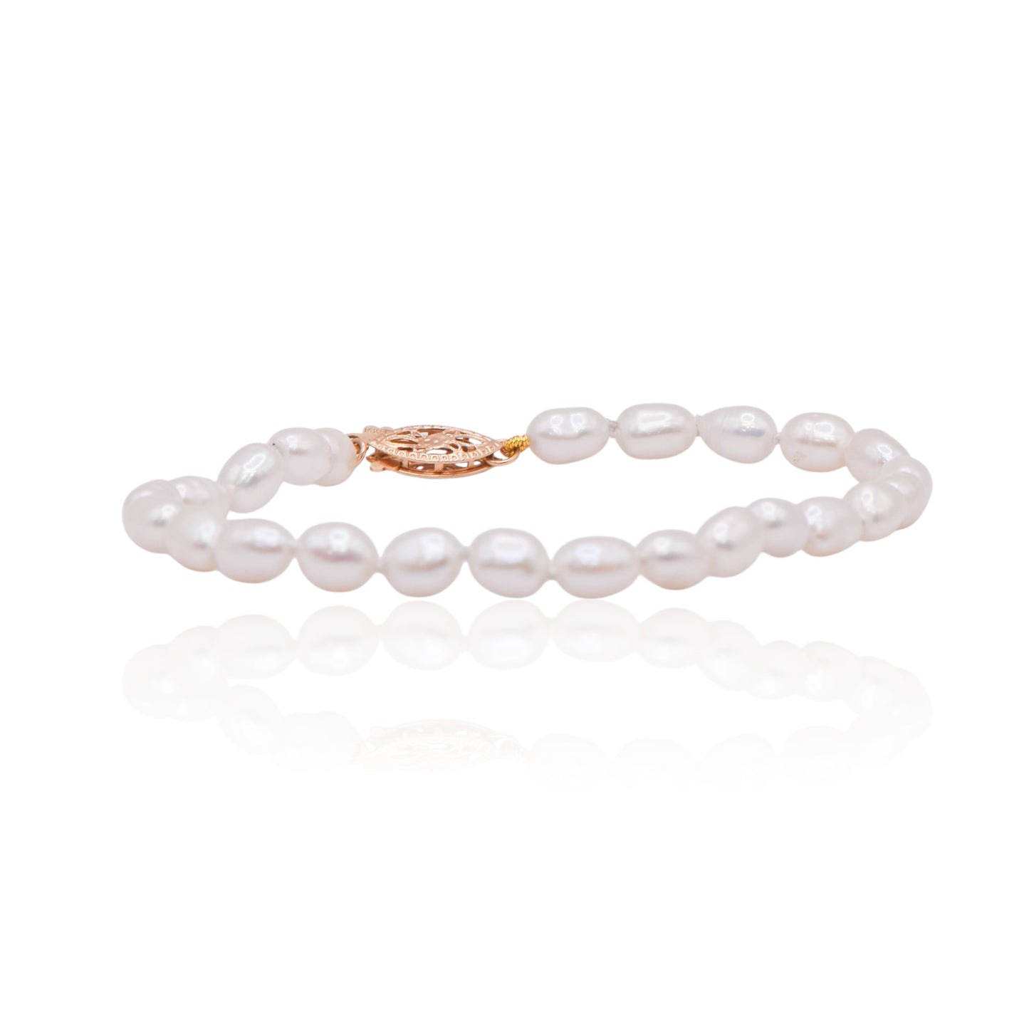 Oblong Pearl Strung Bracelet with 14K Yellow Gold Pearl Bead Clasp 7in