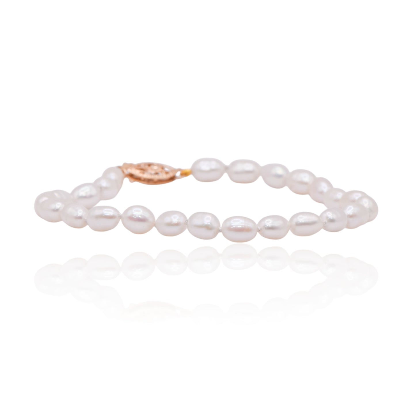 Oblong Pearl Strung Bracelet with 14K Yellow Gold Pearl Bead Clasp 7in