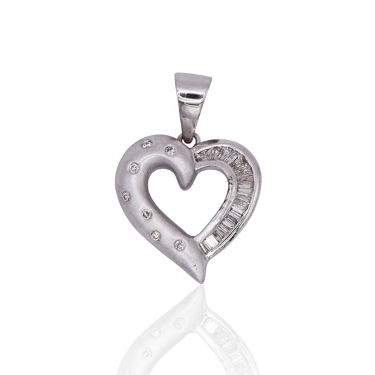Inlayed Diamond Heart and 13 Baguettes 18K White Gold Pendant