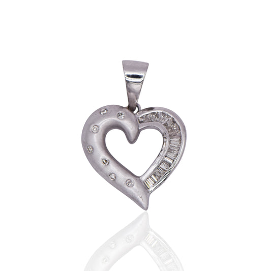 Inlayed Diamond Heart and 13 Baguettes 18K White Gold Pendant