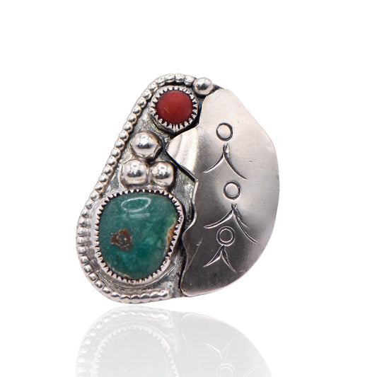 Vintage Green and Red Navajo Sterling Silver Ring