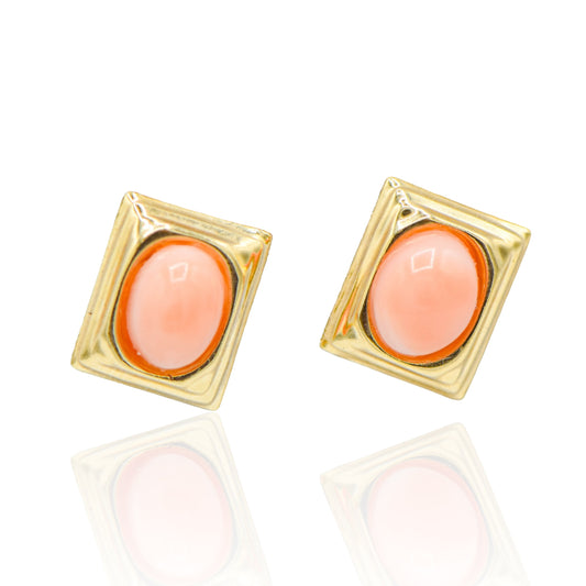 Oval Pink Cabochon Coral in Gold Square Stud Earrings 14K Yellow Gold