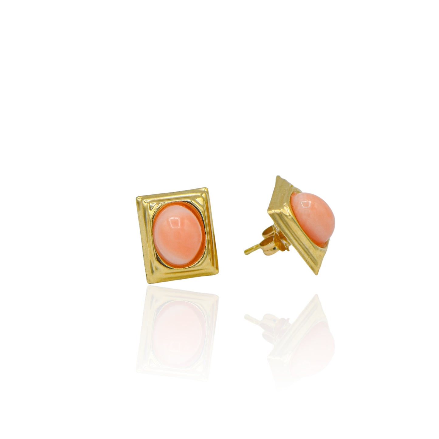 Oval Pink Cabochon Coral in Gold Square Stud Earrings 14K Yellow Gold