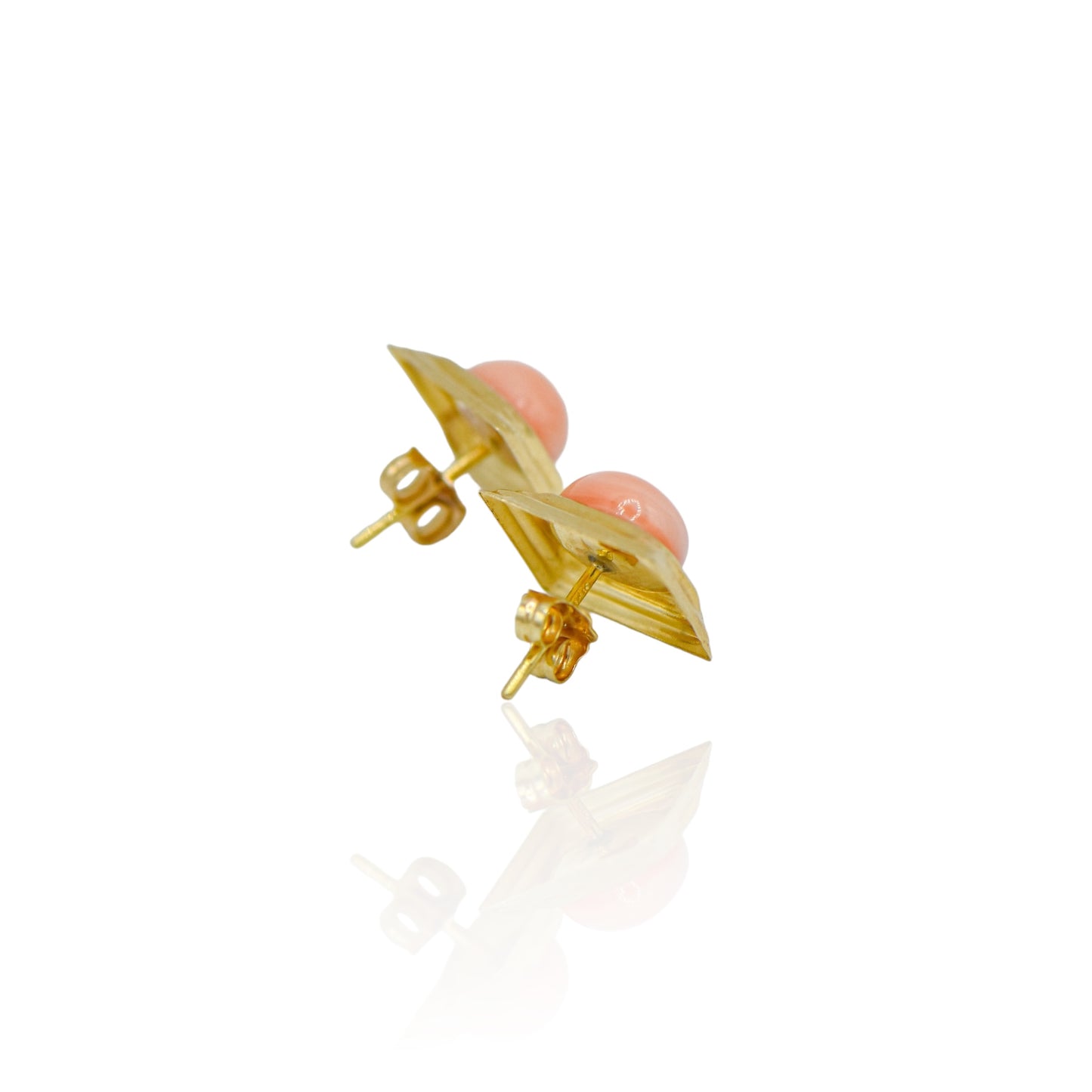 Oval Pink Cabochon Coral in Gold Square Stud Earrings 14K Yellow Gold