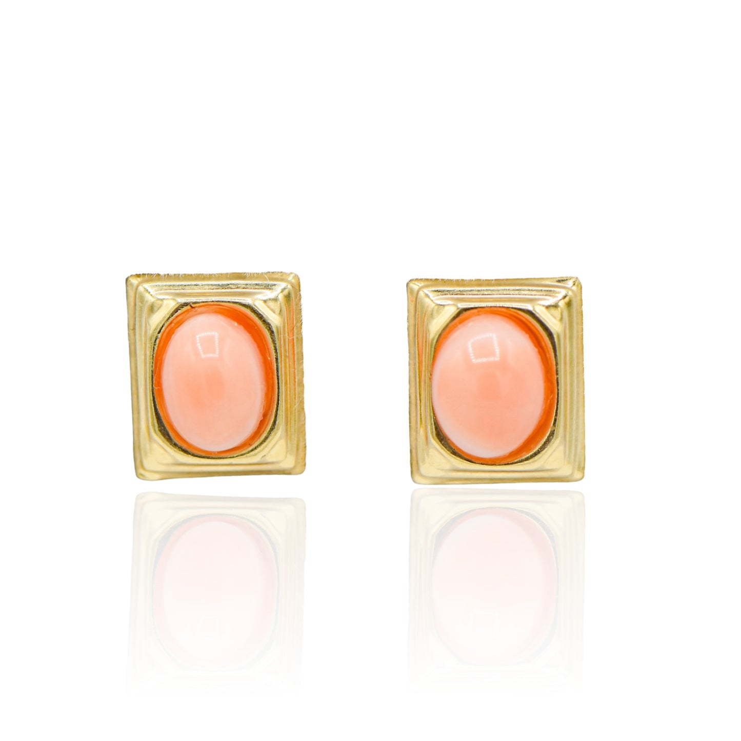 Oval Pink Cabochon Coral in Gold Square Stud Earrings 14K Yellow Gold