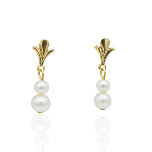 Florentine Gold Emblem &amp; White Pearl Dangling Pearl Earrings 14K Yellow Gold