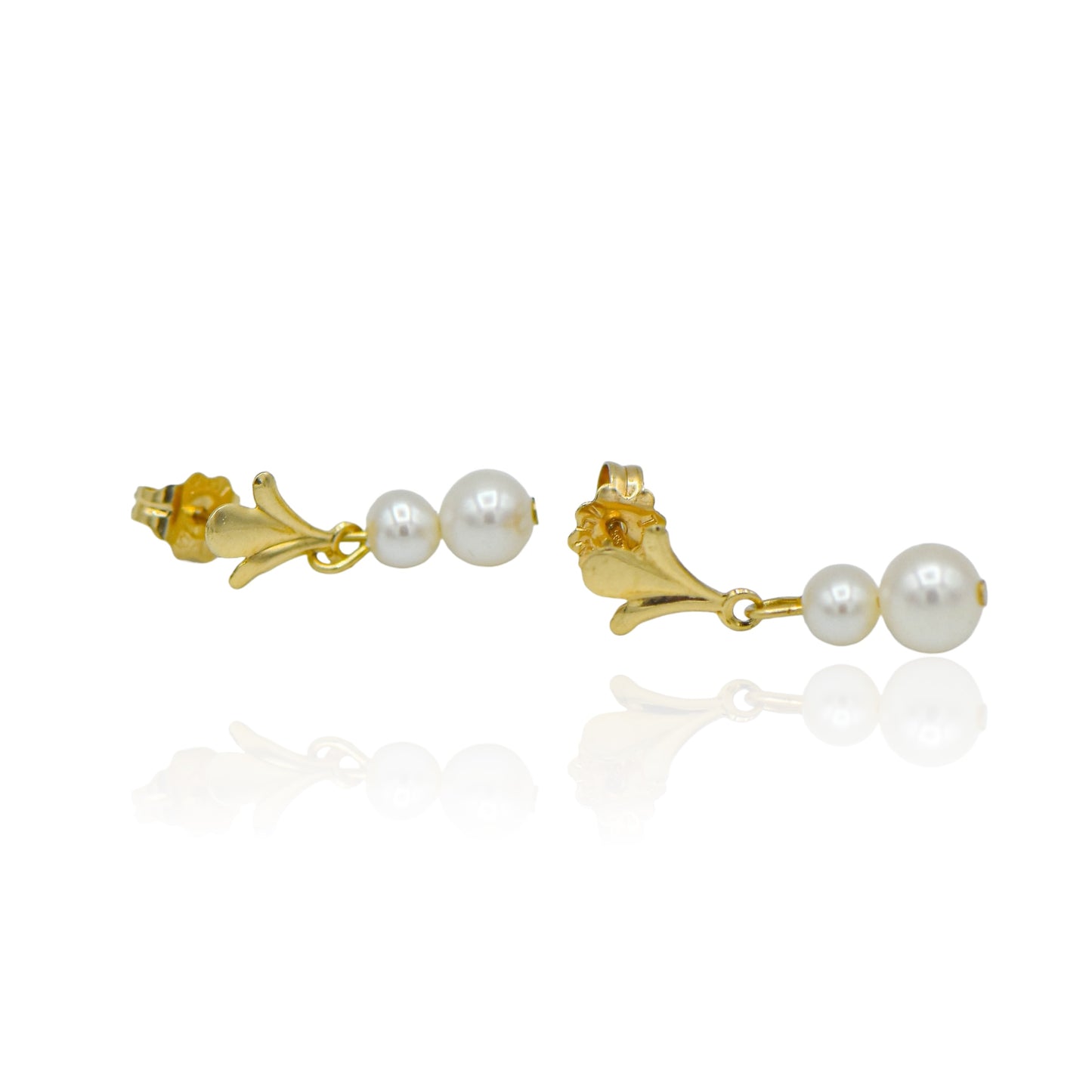 Florentine Gold Emblem &amp; White Pearl Dangling Pearl Earrings 14K Yellow Gold