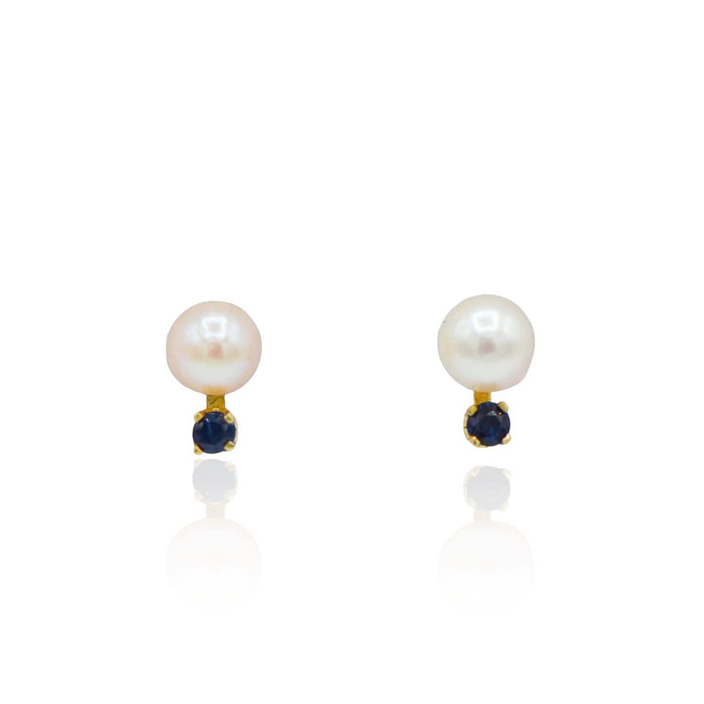 Pearl and Sapphire Stud Earrings 14K Yellow Gold