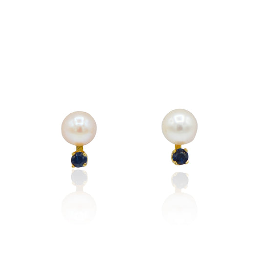 Pearl and Sapphire Stud Earrings 14K Yellow Gold