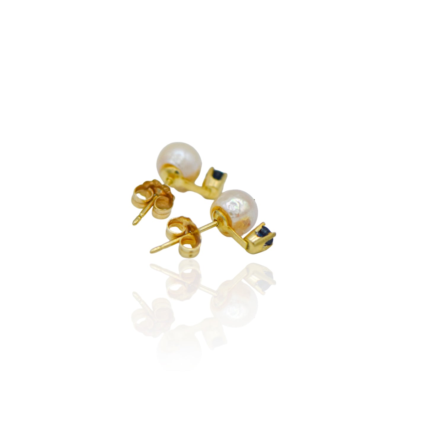 Pearl and Sapphire Stud Earrings 14K Yellow Gold