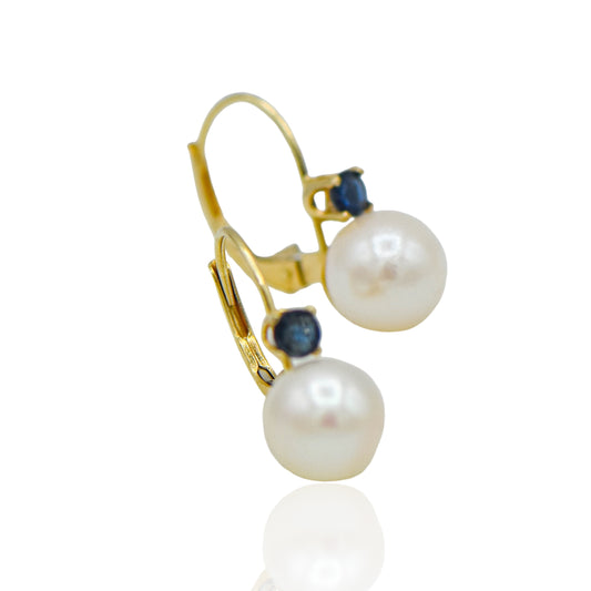 Pearl and Sapphire Lever Back Dangle Earrings 14K Yellow Gold