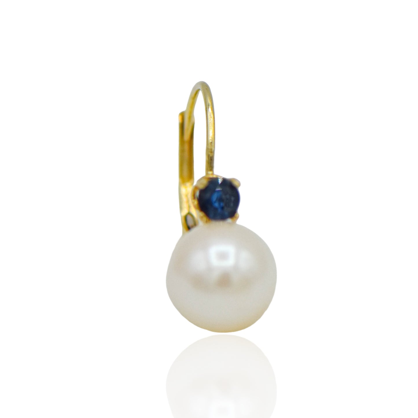 Pearl and Sapphire Lever Back Dangle Earrings 14K Yellow Gold