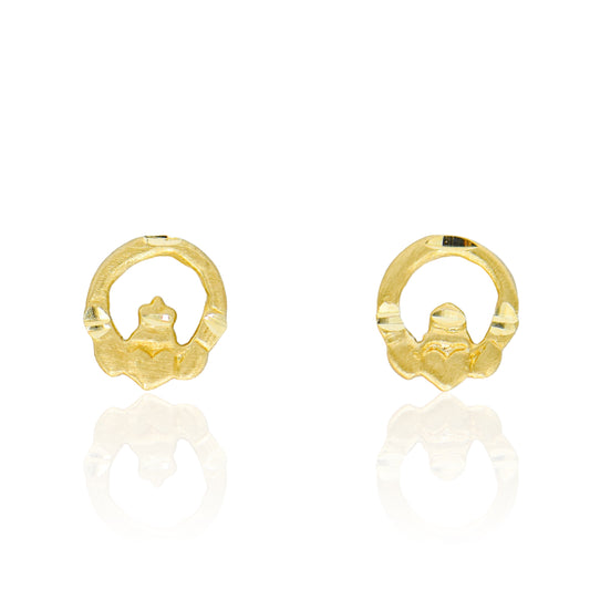 Dainty Open Claddagh Stud Earrings 14K Yellow Gold