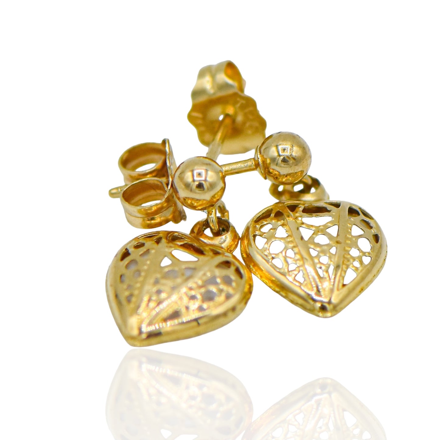 Dainty Lacy Pattern Heart Stud Hanging Earrings 14K Yellow Gold