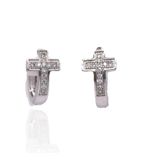 Vintage CZ Cross Huggie Sterling Silver Earrings