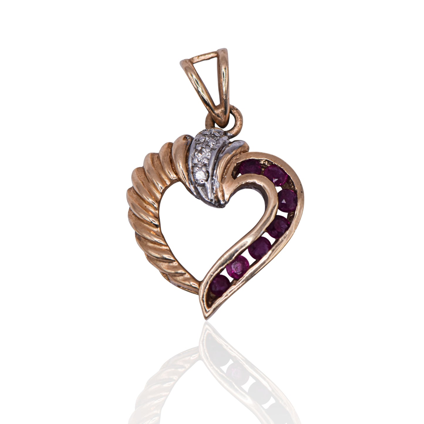Estate Ruby and Diamond Heart Pendant 14K Yellow Gold