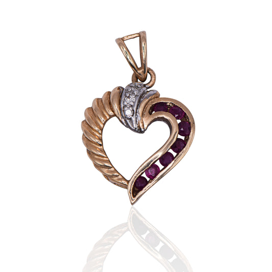 Estate Ruby and Diamond Heart Pendant 14K Yellow Gold