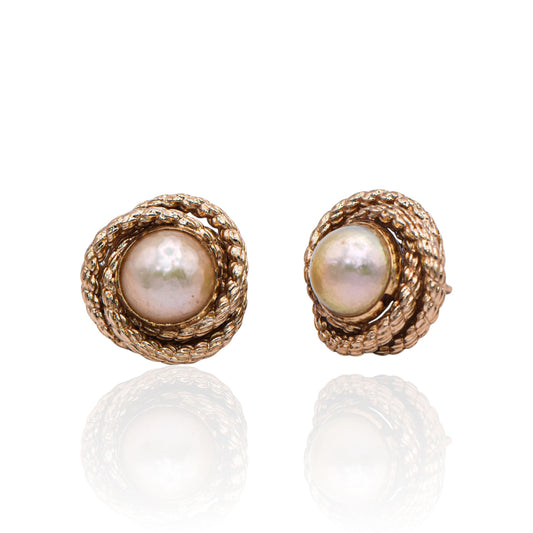 Estate Faux Pearls in Rope Design Earrings 14K Yellow Gold