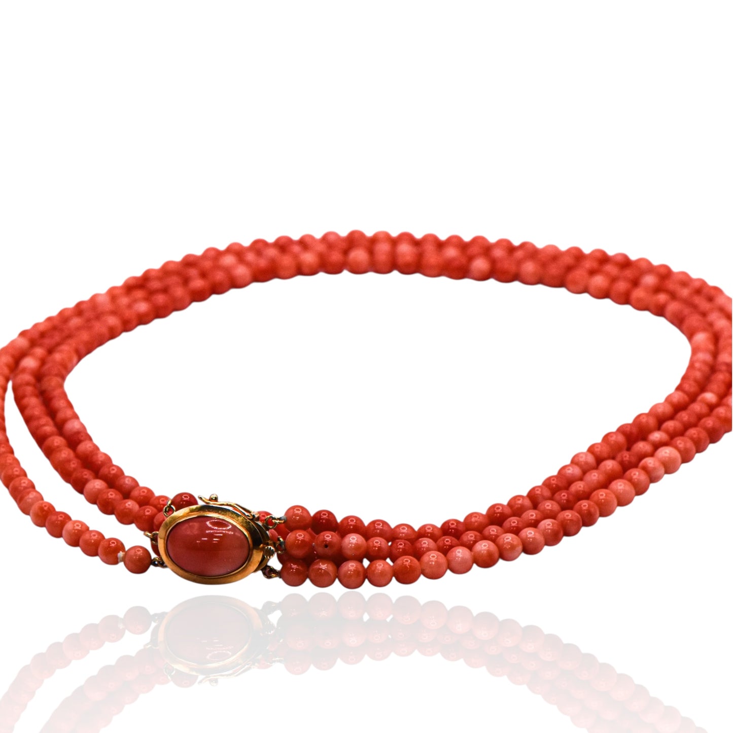 Three-Strand 4.5mm Bright Red Coral Necklace with 14K Yellow Gold Pearl Clasp 17in