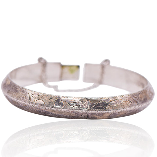 Vintage Etched Hinged Sterling Silver Bracelet