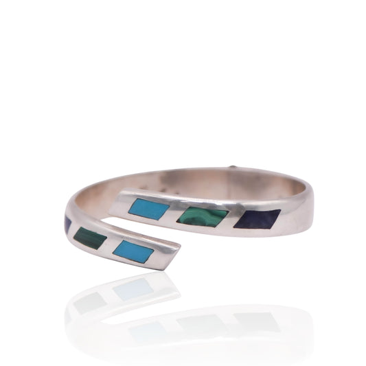 Vintage Lapis, Turquoise, Malachite Hinged Sterling Silver Bracelet