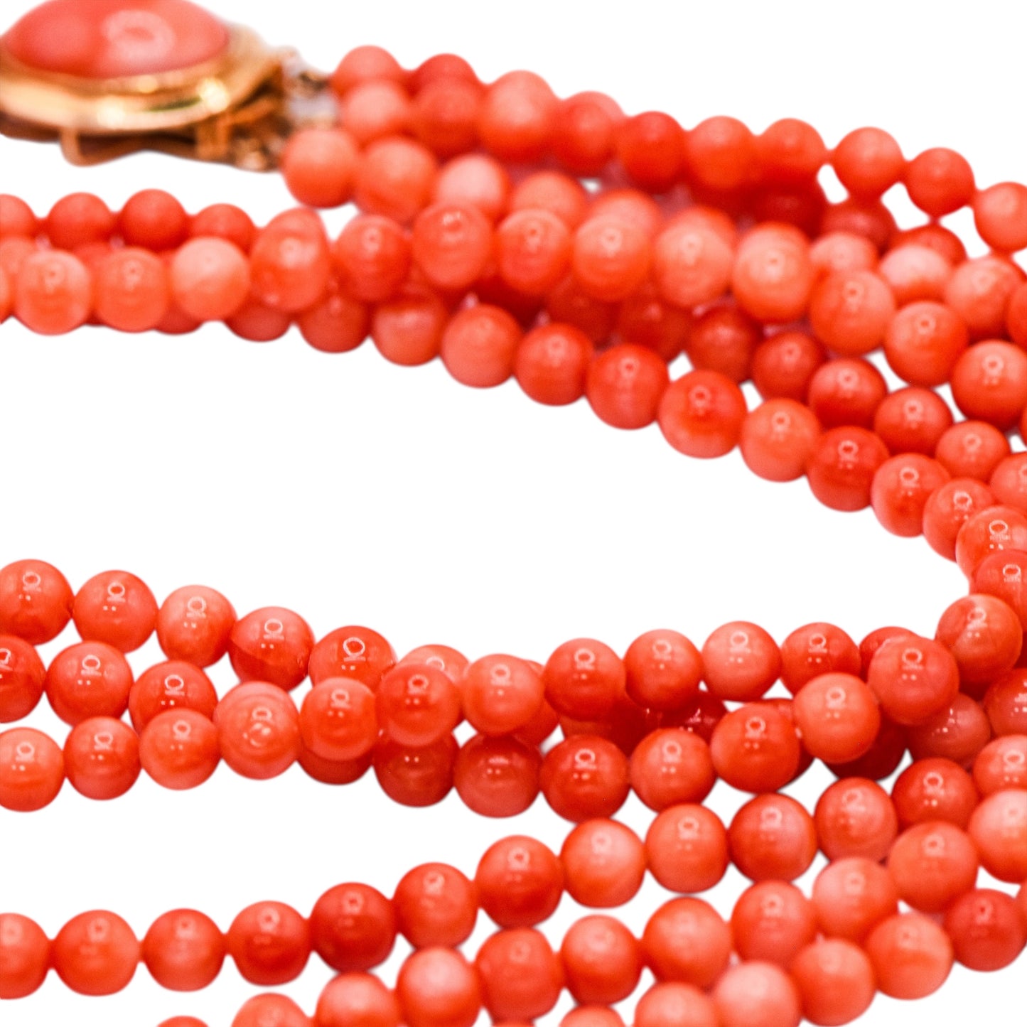 Three-Strand 4.5mm Bright Red Coral Necklace with 14K Yellow Gold Pearl Clasp 17in