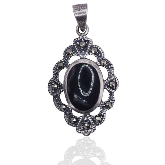 Vintage Marcasite and Onyx Sterling Silver Pendant