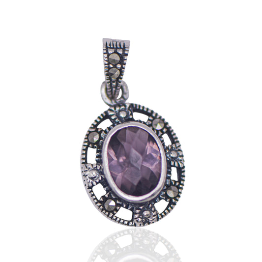 Vintage Oval Amethyst and Marcasite Sterling Silver Pendant