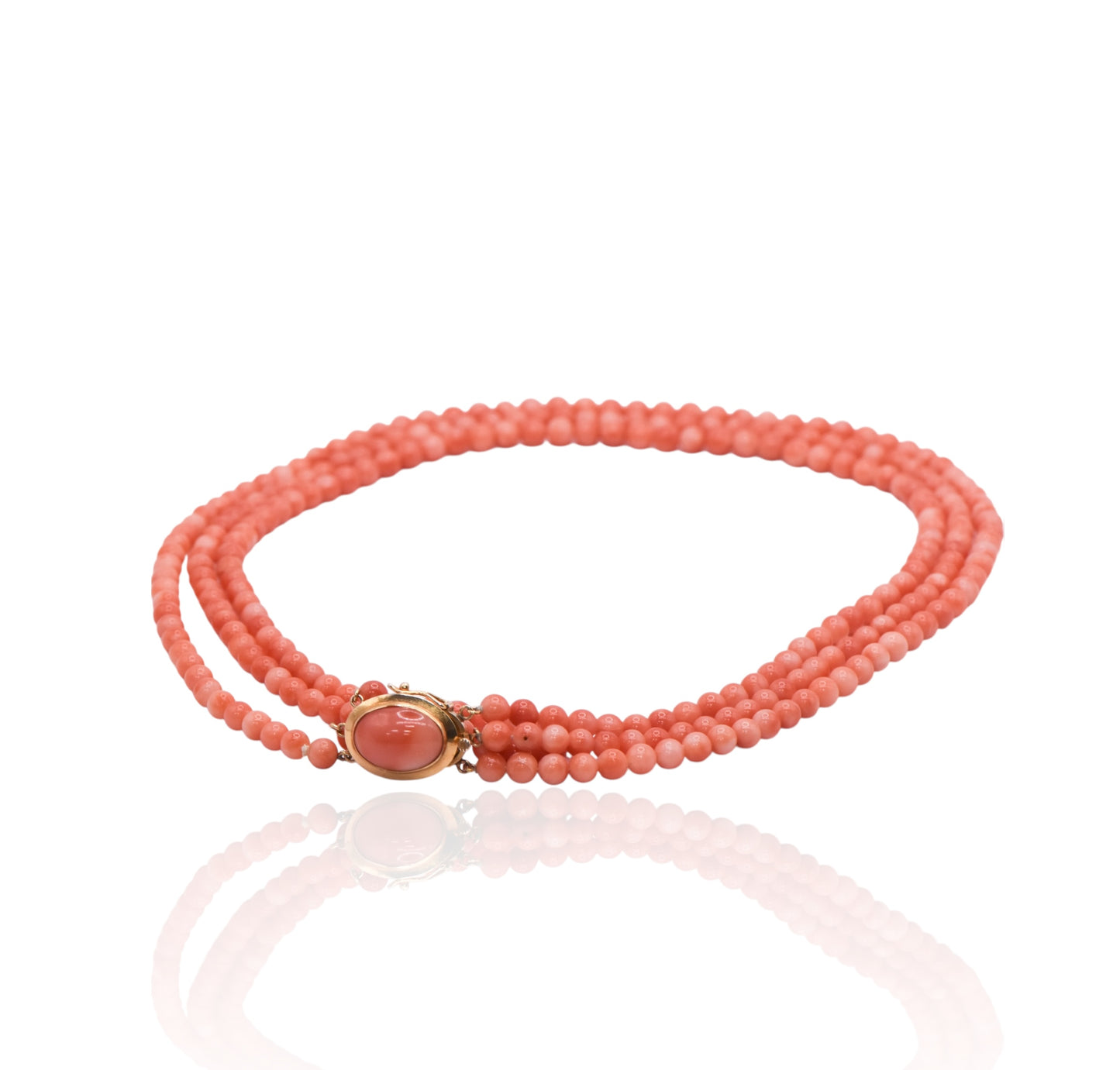 Three-Strand 4.5mm Bright Red Coral Necklace with 14K Yellow Gold Pearl Clasp 17in
