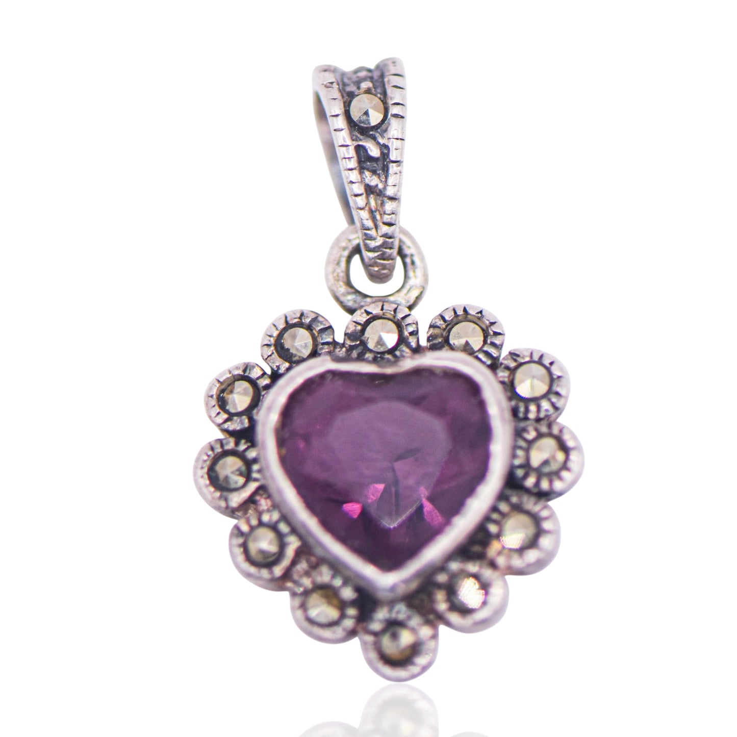 Vintage Heart Amethyst and Marcasite Sterling Silver Pendant