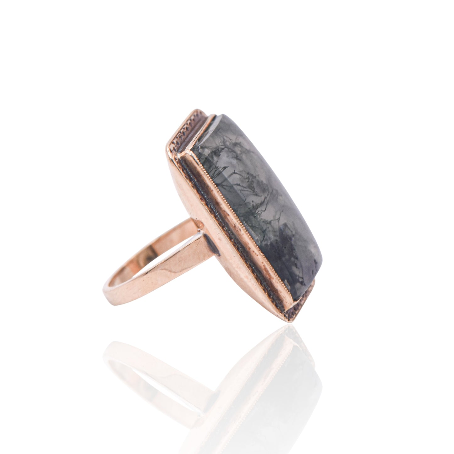 FINAL SALE: Moss Agate Rectangle Bezel Ring 14K Yellow Gold Size 4