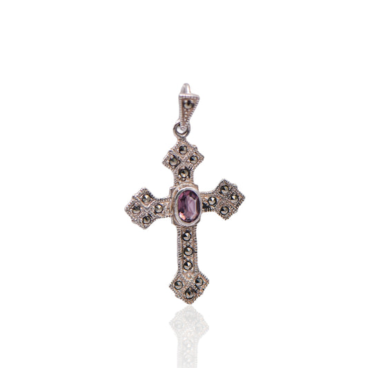 Vintage Marcasite with Purple Stone Cross Pendant