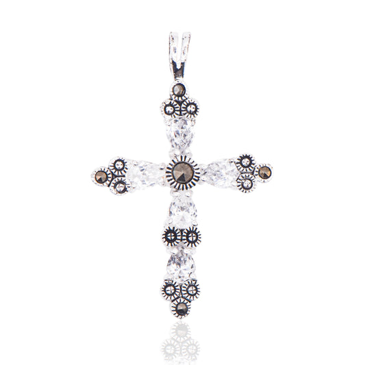 Vintage Marcasite and CZ Cross Sterling Silver Pendant