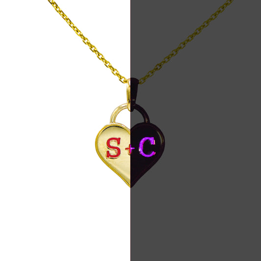 Customizable Heart Glow-in-the-Dark Letter Pendant 14K Yellow Gold (Larrea Original)